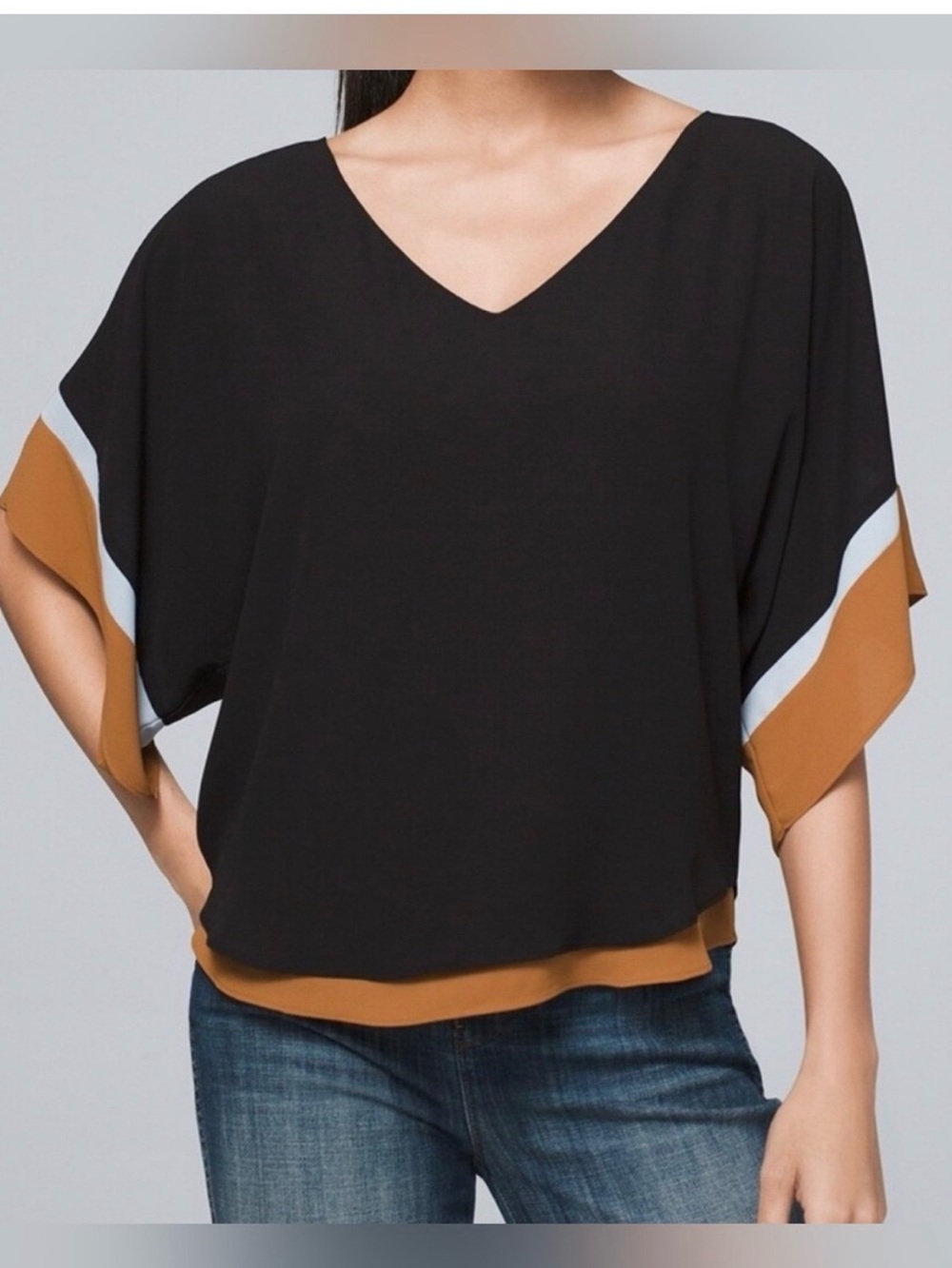 White House Black Market Colorblock Blouse XL Black Tan